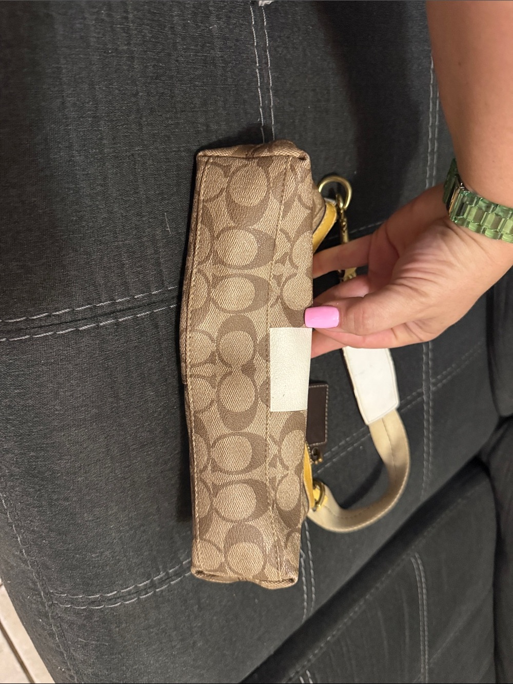 Coach Brown Signature Canvas Shoulder Bag with Yellow Trim - Picture 5 of 9